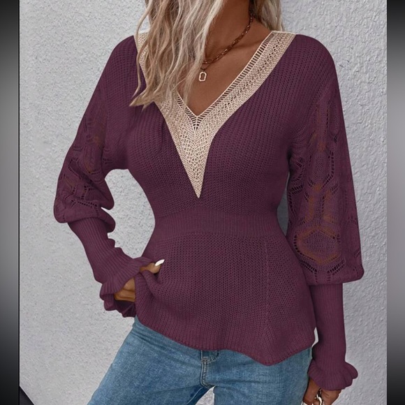 Sheer Mesh Lace Cuff Long Sleeve V -Neck Sweater Top - Picture 16 of 16